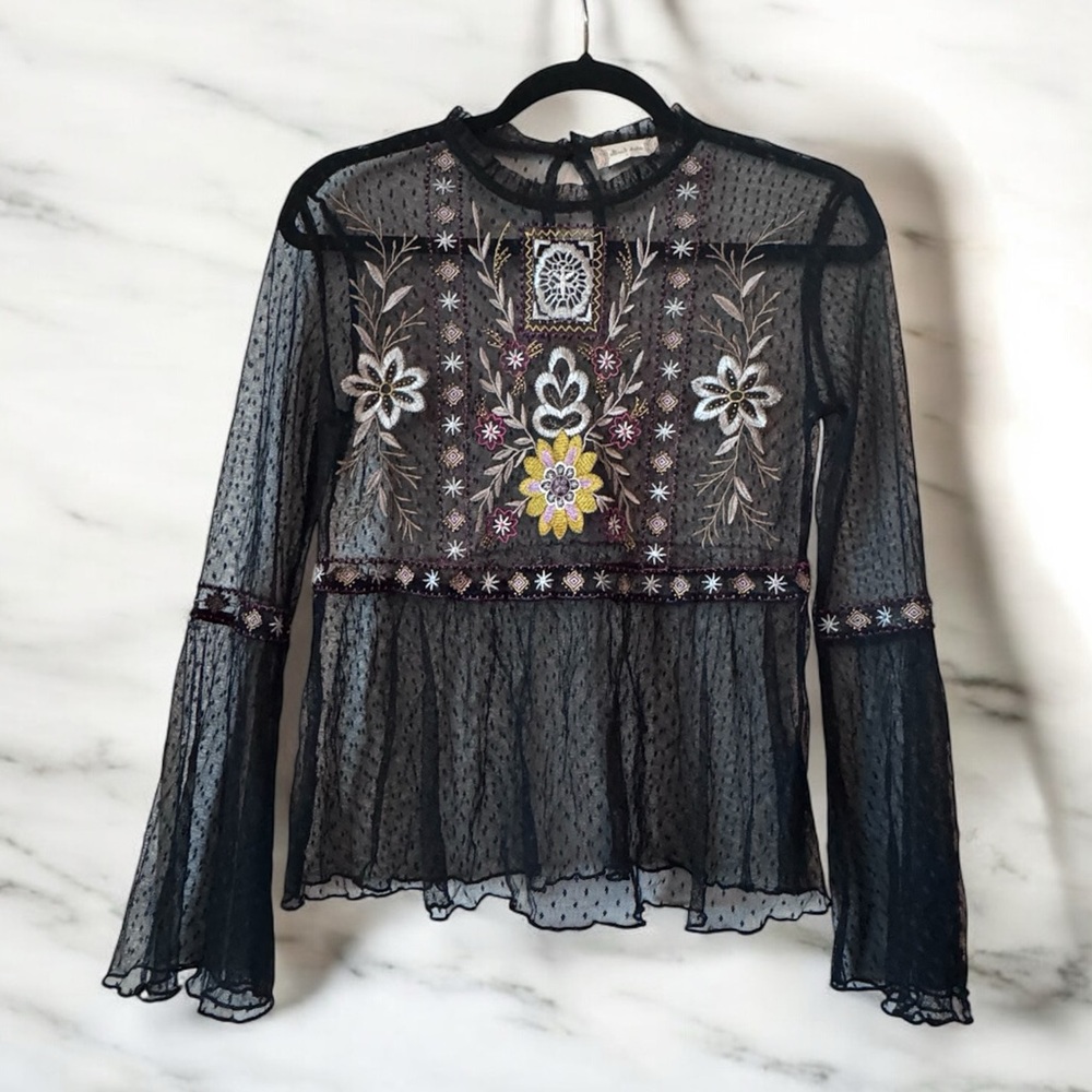 Altar'd State Black Sheer Embroidered Blouse Floral Lace Top